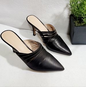 Something Navy Arabella Black Leather Spliced Slip On Pointed Toe Mules Sz 7.5‎